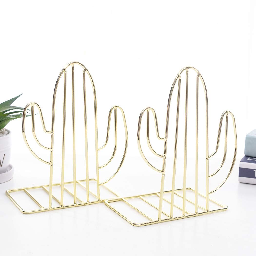 SIPLIV Creative Minimalist Style Bookends Metal Adjustable Books Holder Stand Book Rack Desk Bookend - Cactus, Gold