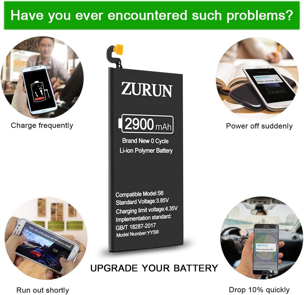 Galaxy S6 Battery ZURUN 2900mAh Li-Polymer Battery EB-BG920ABE Replacement for Samsung Galaxy S6 G920V G920A G920T G920P with Screwdriver Tool Kit | S6 Battery Replacement Kit [2 Year Warranty]: Home Audio & Theater