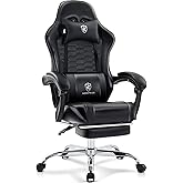 Morkprism Gaming Chair,Computer Office Chair with Footrest,Massage Lumbar Support and Gel Pad,Ergonomic Reclining Adjustable Leather Gamer Chair with Headrest and Spring Cushion Black