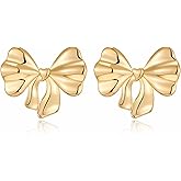 NEPULOY Bow Earrings for Women - Gold Coquette Stud Earrings, Ribbon Dangle Drop Jewelry