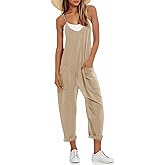 Fisoew Women's Summer Sleeveless Loose Casual V Neck Jumpsuits Spaghetti Strap Long Pants Baggy Overalls with Pockets