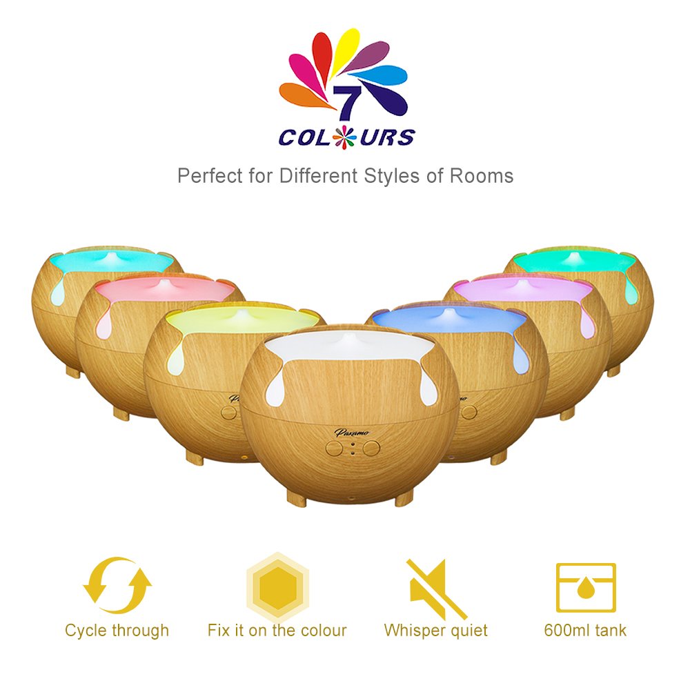 600ml Aromatherapy Diffuser, Paxamo Extra Large Diffuser Wood Grain Humidifier, Premium Therapy Diffuser for Essential Oils, Last Overnight for Home & Office