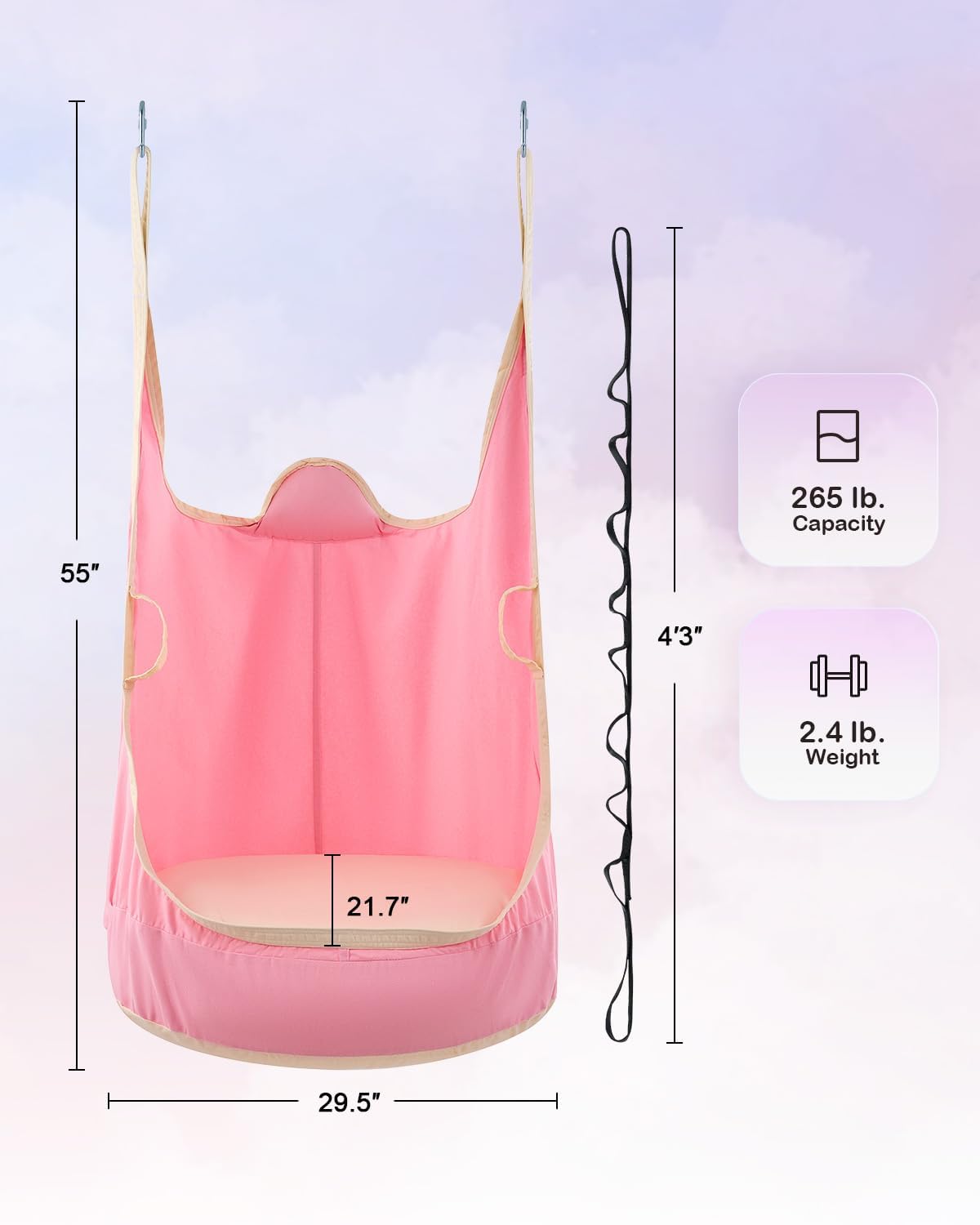 CO-Z Upgraded Kids Hanging Pod Swing Chair with Inflatable Cushion, Child Hanging Hammock for Indoor and Outdoor, Sensory Pod Swing for Kids (Two Straps, Pink)