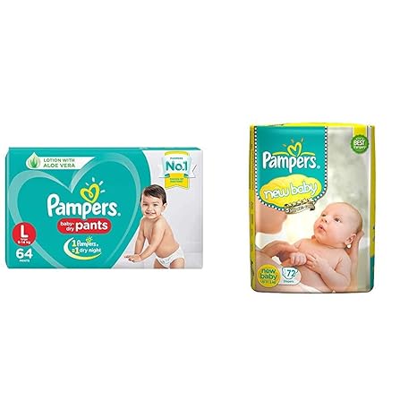 Pampers New Diapers Pants, Large (64 Count) & Pampers Active Baby New Born Diapers (72 Count)