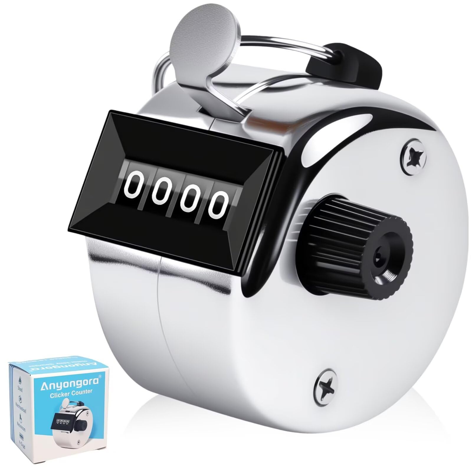 Anyongora Clicker Counter, Metal Hand Tally Counter Clicker with 4 Digit Display, Pitch Counter for Golf Stroke, Baseball, Coaching, Knitting, Lap, Row Sport, Silver