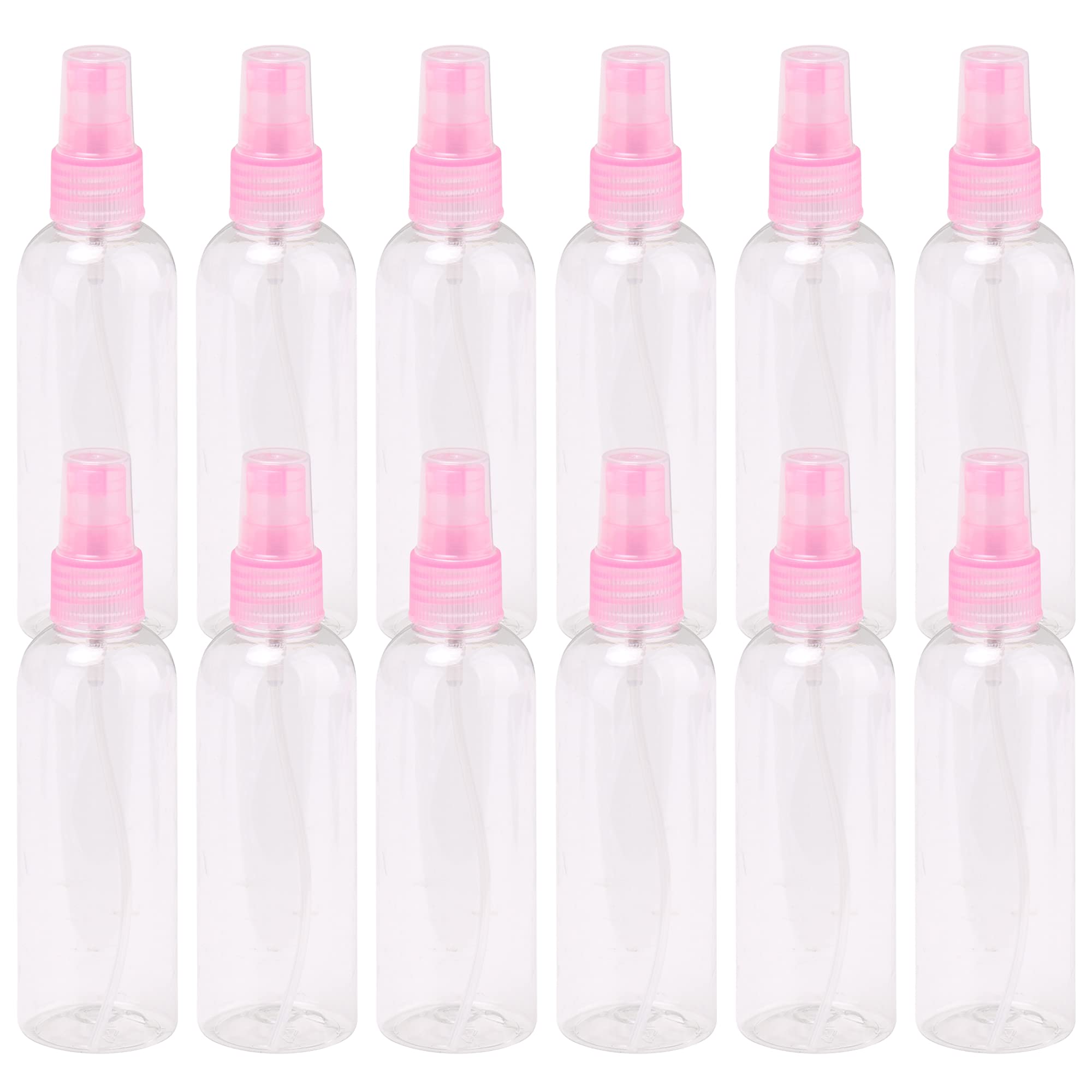 Doublelife Pack of 12 Fine Mist Mini Spray Bottles 100ml(3.4 oz) with Atomizer Pumps and Caps- for Essential Oils, Travel, Perfumes, More - Empty Tinted Pink Plastic Bottles - Refillable & Reusable