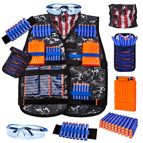 Kids Tactical Vest Kit for Nerf Guns Series with Refill Darts,Dart Pouch,Reload Clips, Tactical Mask,Wrist Band and Protective Glasses for Boys