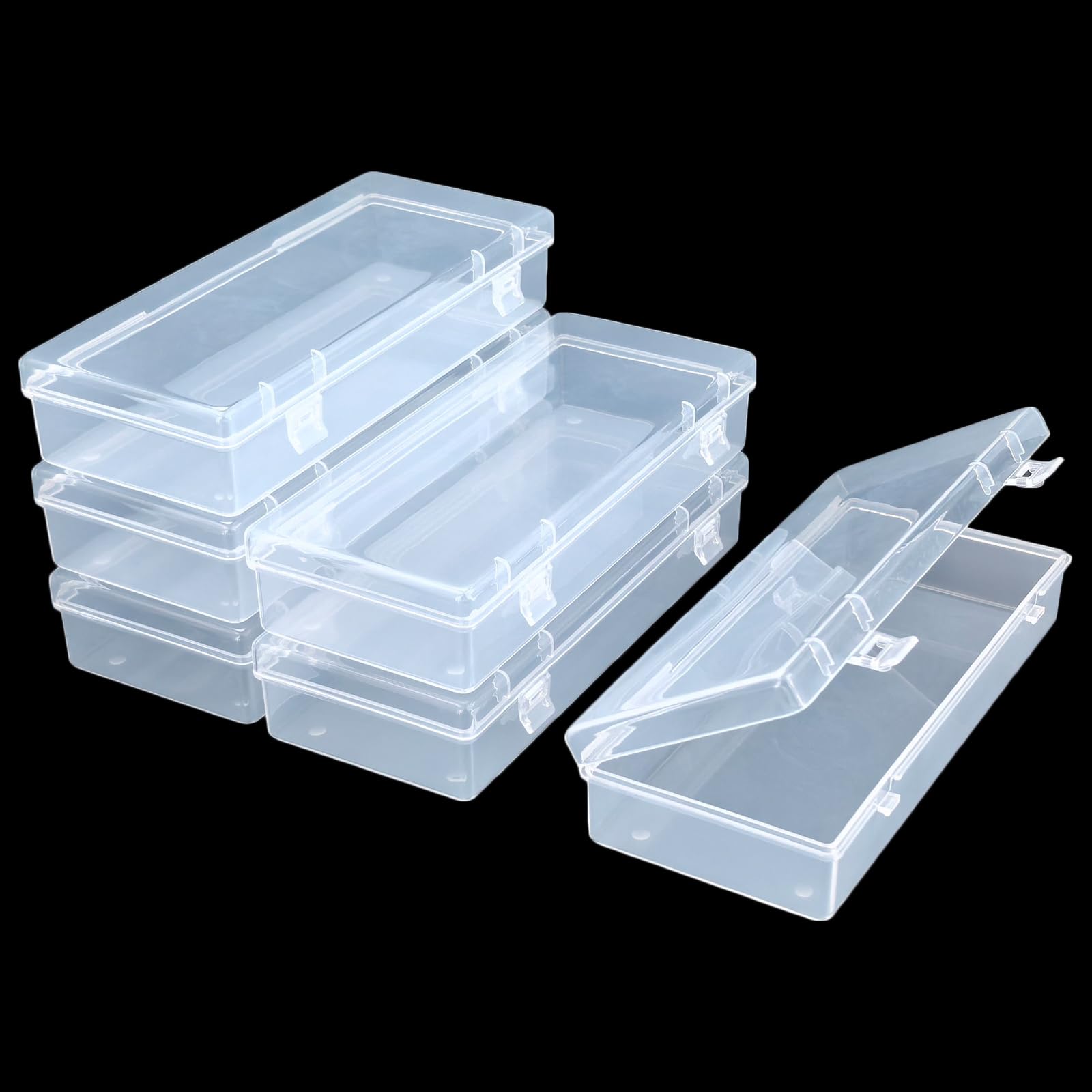 6 Pack Rectangular Clear Plastic Storage Containers Box with Hinged Lid for Beads and Other Small Craft Items (6.1 x 2.56 x 1.18 inch)