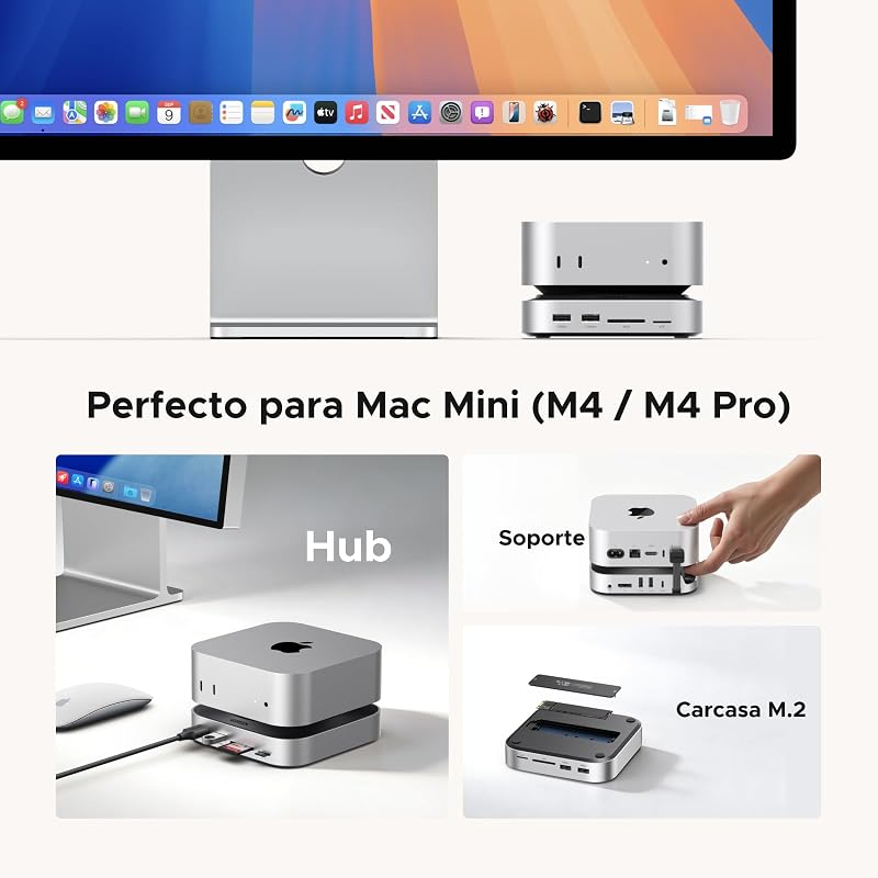 Docking Station Compatível com Mac Mini M4 e M4 Pro USB C Hub Suporte com M.2 NVME SSD DisplayPort 4K 240Hz 144Hz USB 3.2 4A1C 10Gbps SD TF Slot 3.5mm Aux