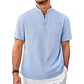 Beotyshow Men 100% Cotton Linen Henley Shirt Casual Short Sleeve Summer T Shirt Pocket Button Tee Top Beach Hippie Shirt