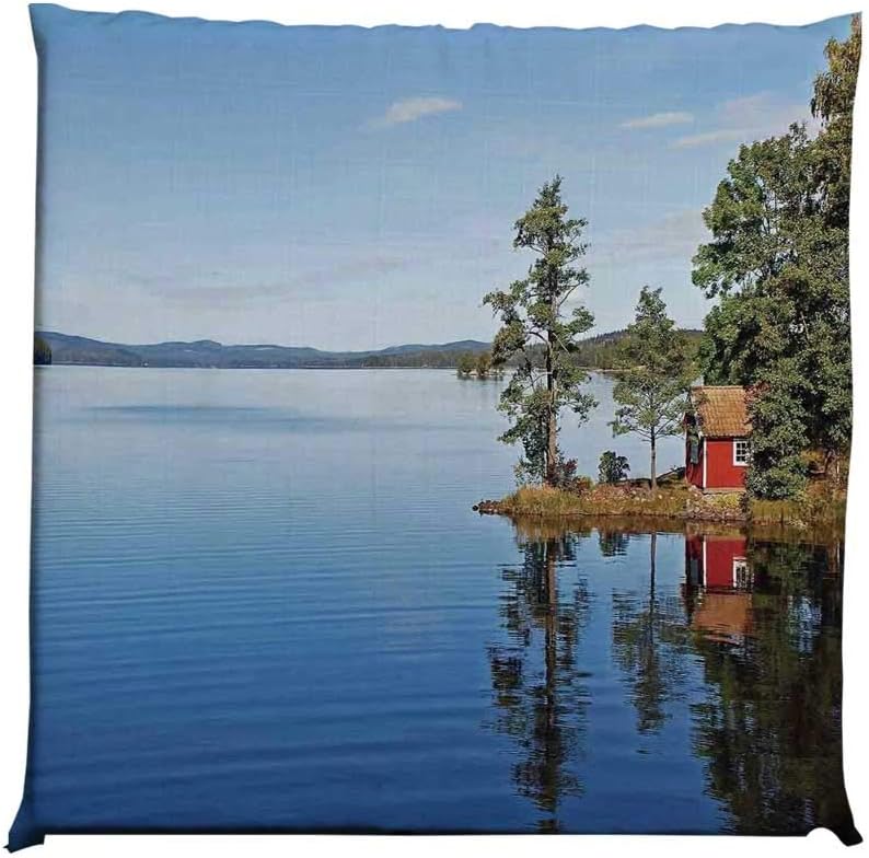 YOLIYANA Lake House Decor Durable Square Chair Pad,Lakeside Photo with Calm Still Water and Small Country House Between Trees Peace Art Work for Bedroom Living Room,One Size