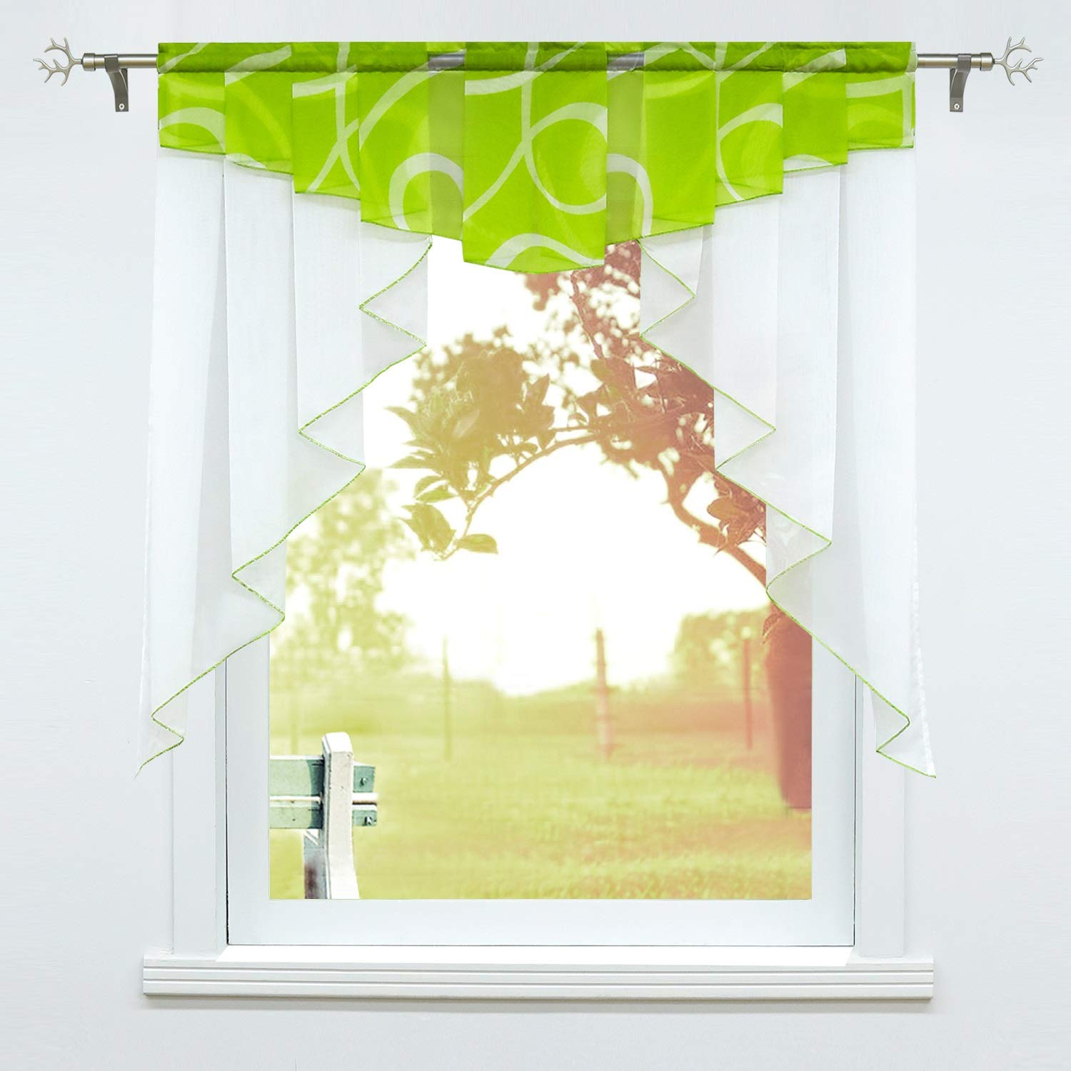SCHOAL Net curtains kitchen bistro curtains voile transparent short curtains small window curtains with ruffle tape / drawstring 1 piece W x H 100 x 100 cm green