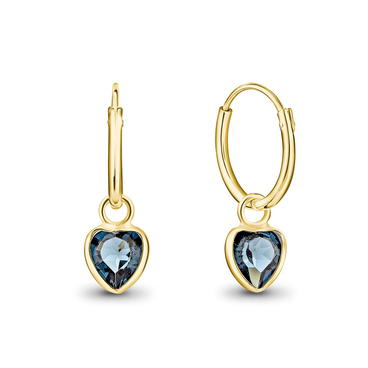 DTPsilver® 925 Sterling Silver Yellow Gold Plated SMALL Hoops Earrings & Glittering 5 mm Dangling Heart Crystals from Swarovski® Elements - Thickness 1.5 mm - Diameter 14 mm - Colour: Montana Blue