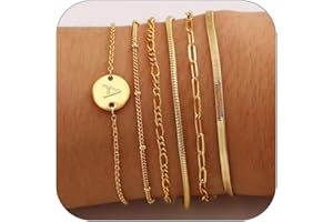 Lydow Gold Bracelets for Women, 6PCS 14K Real Gold Plated Letter A-Z Stackable Jewelry Set for Adjustable 6"+2"