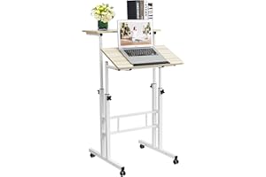 Hadulcet Adjustable Standing Desk, Mobile Standing Desk, Laptop Cart on Wheels, Rolling Computer Cart for Home Office, Rolling Table for Stand Up, Natural Beige