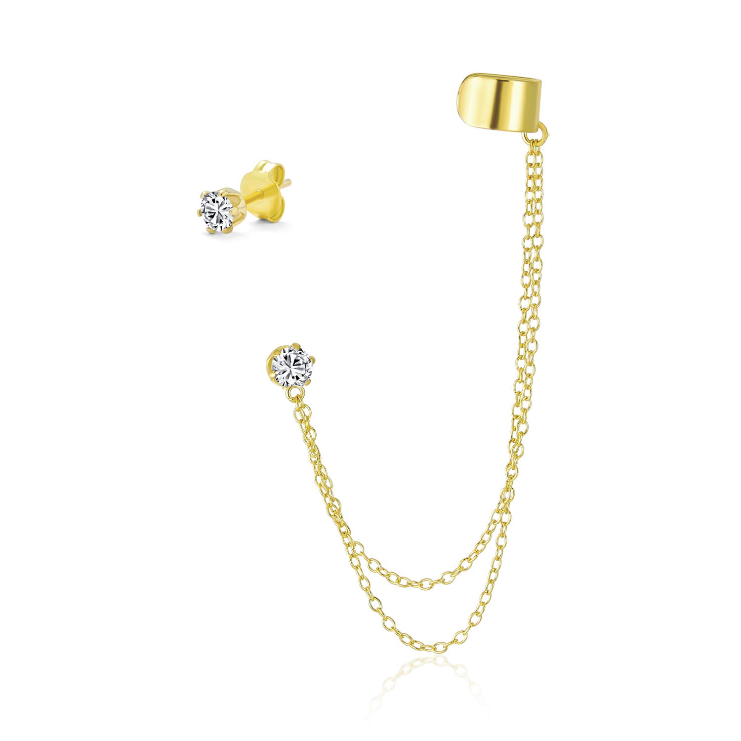 Geometric Cartilage Plain Band With Chain Ear Warp Cuff CZ Stud Ear Lobe Earring For Women Teens Men Yellow Gold Plated .925 Sterling Silver — image 1