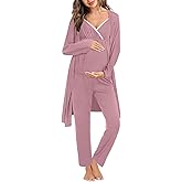 SWOMOG Maternity Nursing Robe Set 3 Piece Breastfeeding Pajamas 3 in 1 Labor Delivery Sleevless Tops&Long Pants Pregnancy Pjs