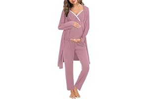 SWOMOG Maternity Nursing Robe Set 3 Piece Breastfeeding Pajamas 3 in 1 Labor Delivery Sleevless Tops&Long Pants Pregnancy Pjs