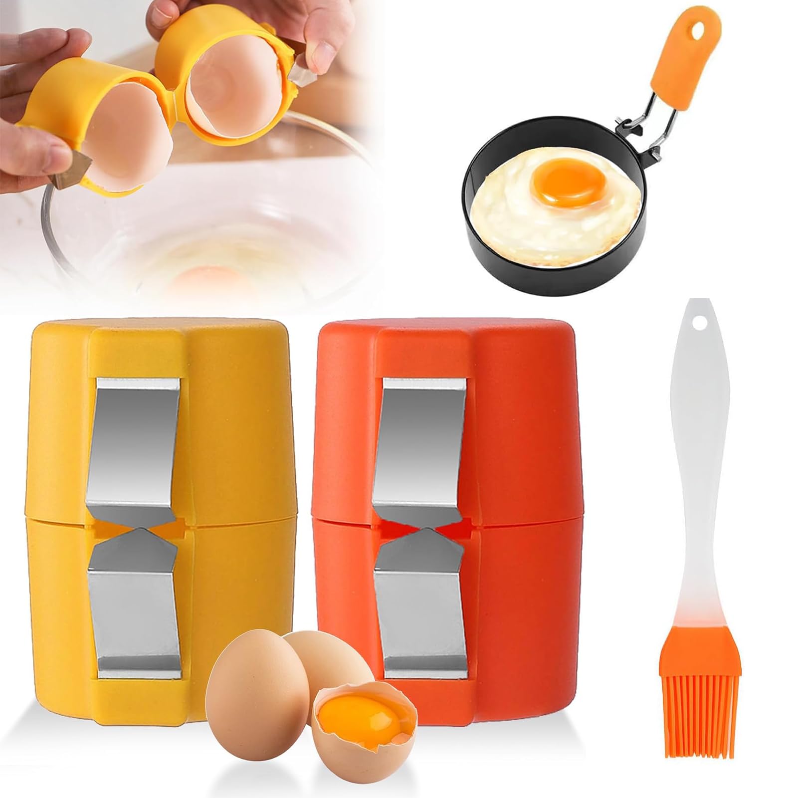 4 PCS Egg Cracker Tool Set with 1 Egg Cookers & 1 Silicone Brush - Multifunctional Egg Shell Opener & Easy Egg Peeler, No Mess Egg Cracker for Cooking and Baking, Perfect Egg Separator for Home