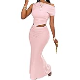 BARASA Two Piece Sets For Women Summer One Shoulder Tops Bodycon Maxi Skirt Set Vacation Sexy Outfits DSA75
