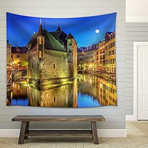 Palais De Lile Jail and Canal in Annecy Old City, France, HDR - Fabric Wall Tapestry Home Decor - 51x60 inches