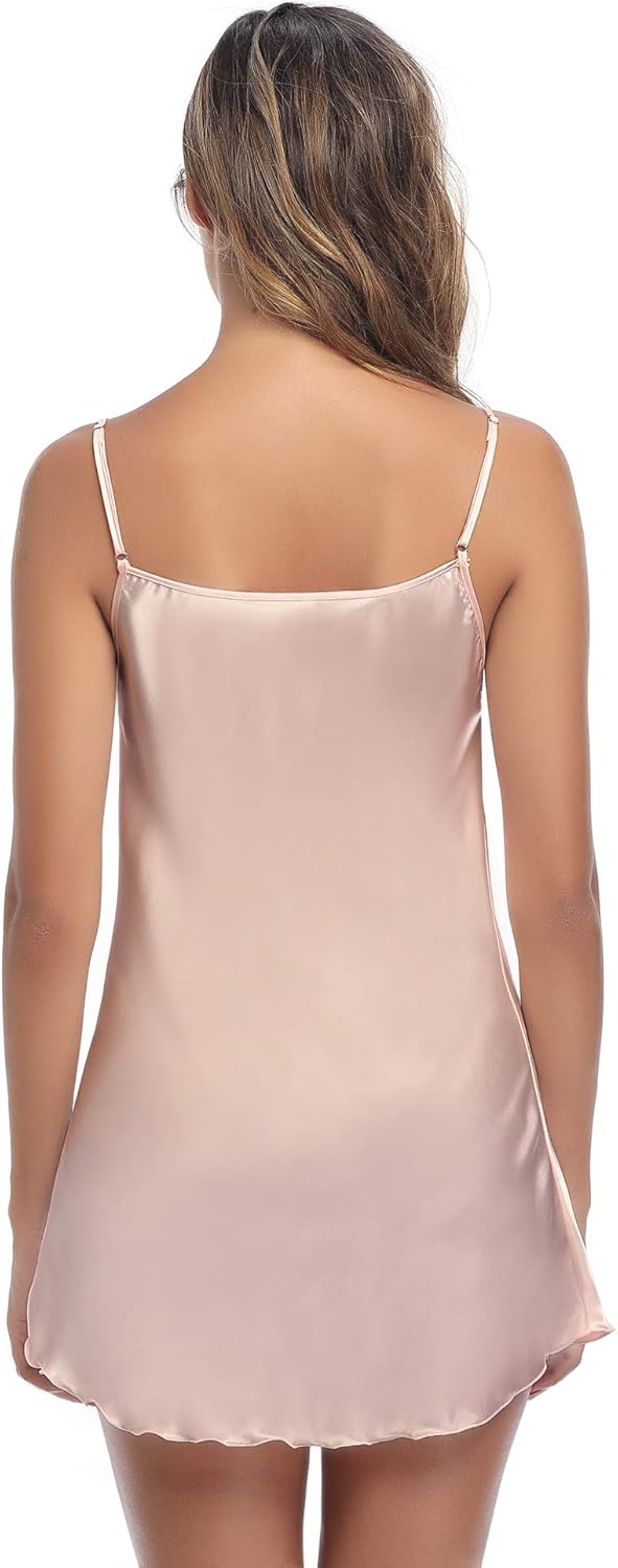 Aibrou Women's Satin Nightgown Sexy Spaghetti Strap Lingerie Chemises Mini Slip Short Nightwear: Clothing