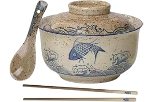 Japanese Style Ceramic Ramen Bowl Set with Fish Pattern, 750ml Bowl with Spoon and Chopsticks, Blue and Beige, 3 Piece Set