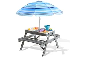 Beright 3-in-1 Kids Picnic Table, Play Sand and Water Sensory Table with Height Adjustable Umbrella & Removable Tabletop, Kids Wooden Outdoor Table, with 3 Storage Bins, Upgraded