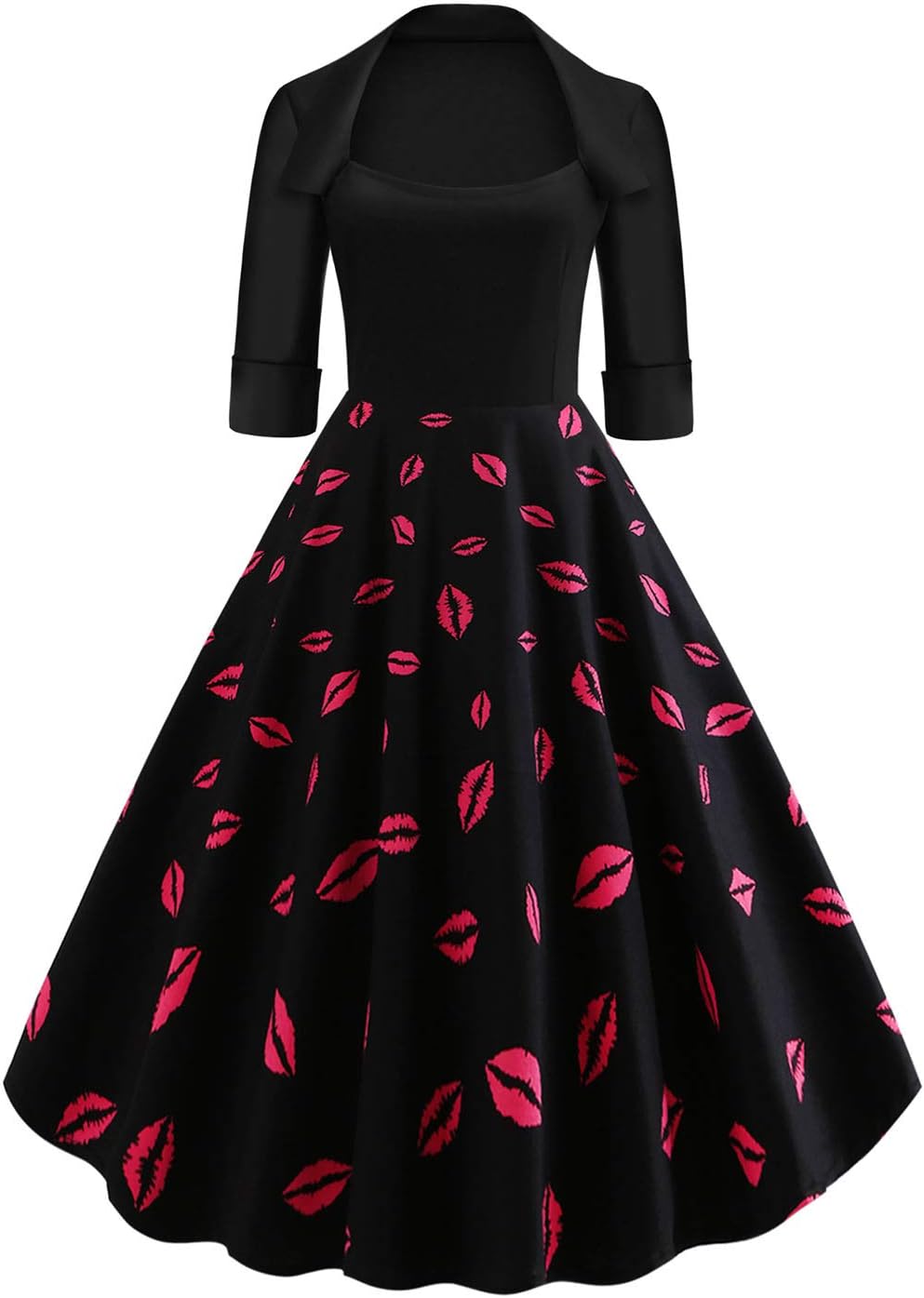 Axoe Womens Floral Vintage Dress 1950s with Sleeve Low Neck