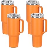 Temolulu 4 Pack 40 Oz Tumbler with Handle and Straw, Stainless Steel Double Wall Vacuum Insulated Cup, 40 OZ Travel Coffee Mug Bulk with Silicone Water Bottle Boot(Orange)