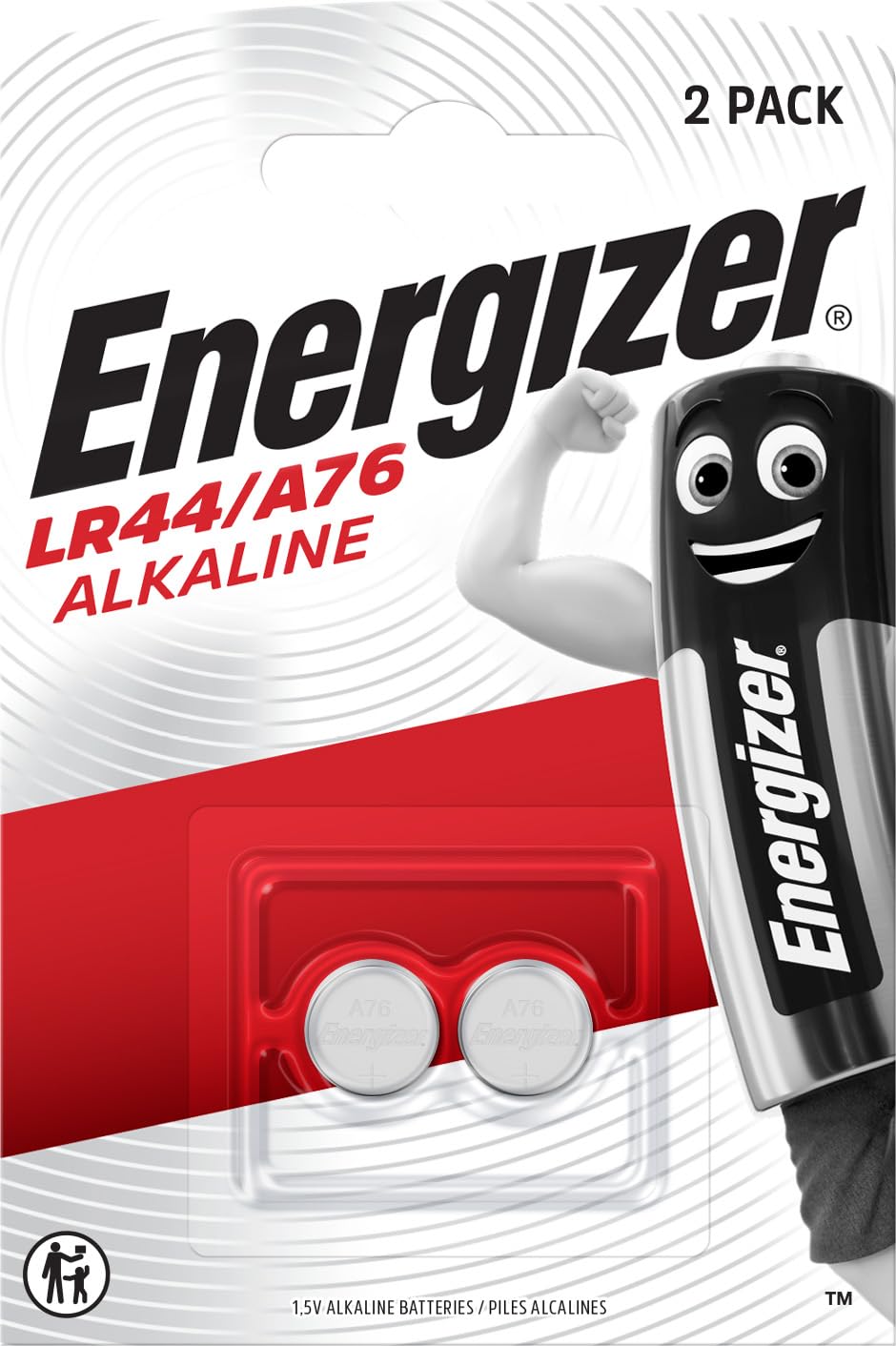 Energizer LR44 Batteries (2 Pack) - A76 Button Cell Battery - 1.5V Alkaline - Toys, Watches, TV Remotes, Security Systems, Home & Medical Devices - Child Resistant Packaging