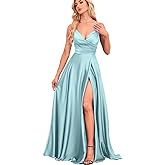 IIF Bridesmaid Dresses with Slit Satin A Line Spaghetti Strap Formal Prom Evening Party Gown with Pocket IIF023