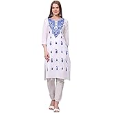 JG JAI GOVINDAM Women's Traditional Chikankari Cotton Kurti Indian Hand Embroidered Kurti Tunic for Women