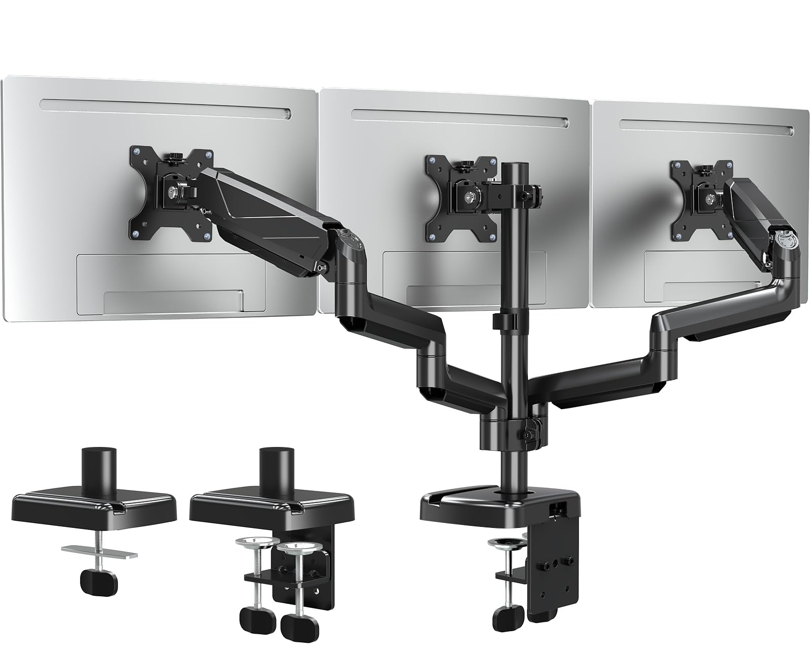ELIVED Triple Monitor Arms - Adjustable Gas Powered Desk Mount for 3 Monitors - 13-27 Inch, VESA 75x75/100x100, C-Clamp and Grommet Base
