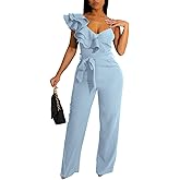 kaimimei Womens Casual Jumpsuits V-Neck Sleeveless Ruffle Backless Belted Wide Leg Pant Sexy Romper Party Clubwear