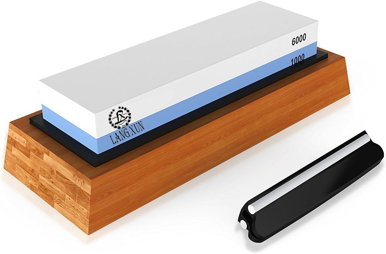 Langxun 2-In-1 Knife Sharpening Sharpener Stone, 2 Side Grit 1000/6000 Whetstone | Bonus Non-Slip Bamboo Base & Angle Guide Christmas gift