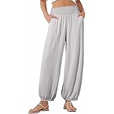 EVALESS Women's Wide Leg Baggy Pants Elastic High Waisted Casual Harem Pants Trousers with Pockets