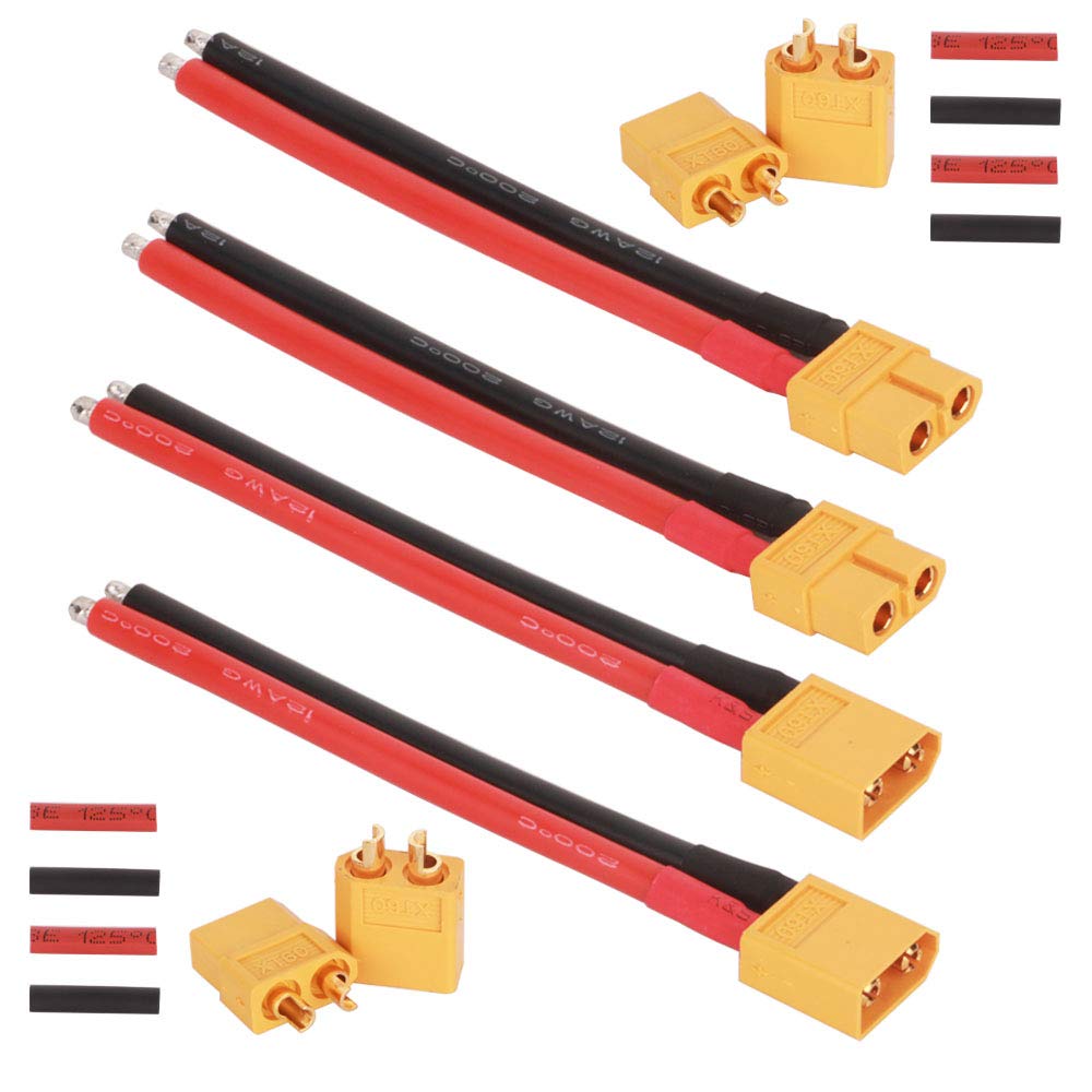 GTIWUNG 2 Pair XT60 Male Female Connectors with 12AWG Silicone Wire 10cm, 2 Pair Gold Plated XT60 Bullet Connector Power Plugs with Heat Shrink for RC Lipo Battery