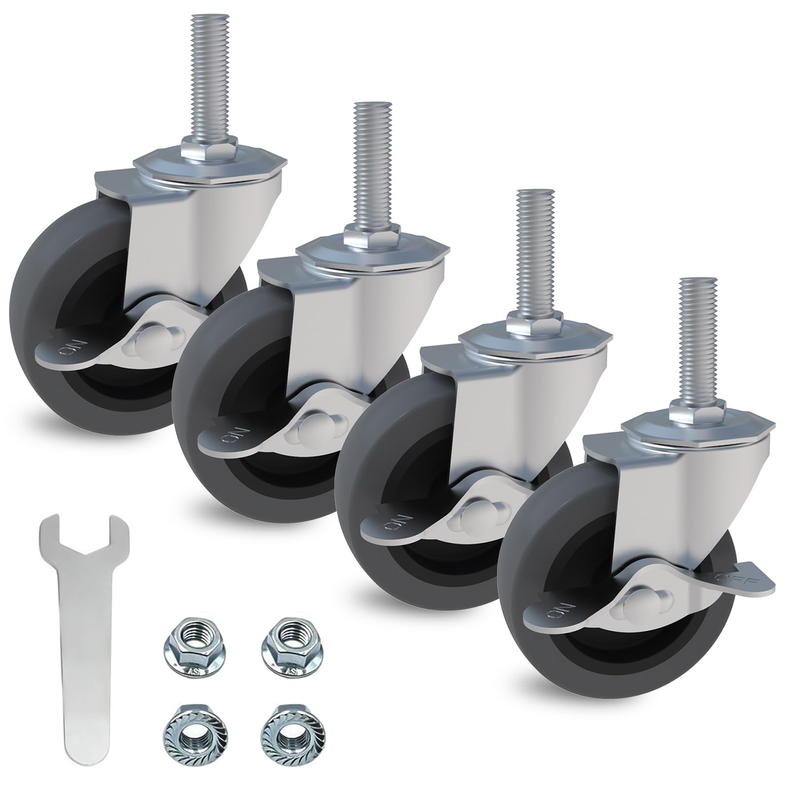 Photo 1 of AAGUT Caster Wheels, 3 Inch Rubber Heavy Duty 1/2"-13 x 1-1/2" Threaded Stem Castors, Locking Brake Swivel Wheel, Replacement for Carts Dolly Workbench Trolley, Set of 4
