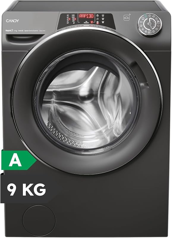Máquina de lavar candy rapido ro1496dwmcrt/1-s 9 kg, 1400 rpm, tela de texto inteligente, painel de toque inteligente, wi-fi, snap & wash, 16 ciclos, 9 rápidos, motor de acionamento de velocidade inversora, função vapor, 76 db, antracite