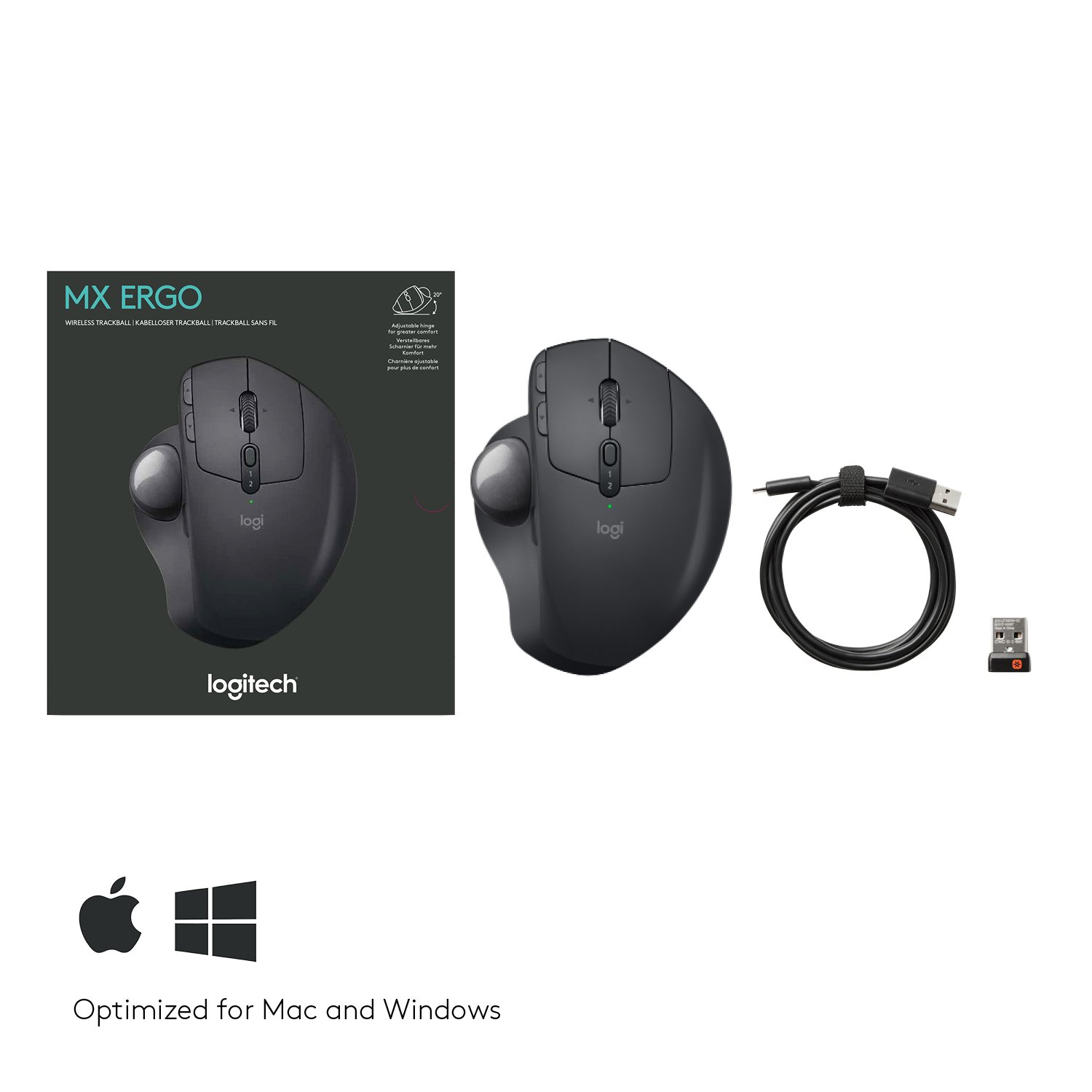 Logitech MX Ergo Wireless Trackball Mouse, Bluetooth or 2.4GHz with