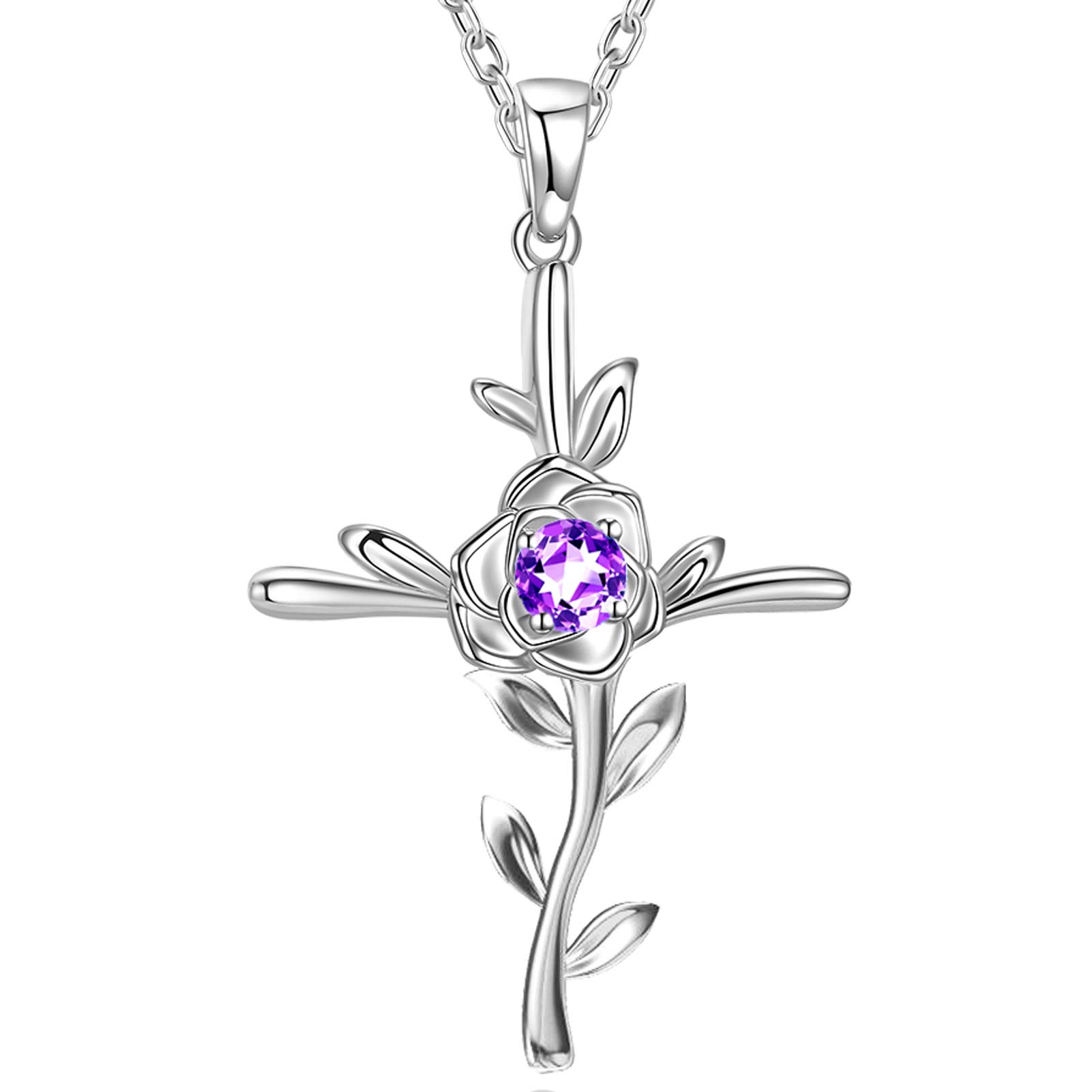 GinoMay Mothers Day Birthday Gifts for Women February Birthstone Necklace Amethyst Mum Wife Love Rose Flower Hope Leaves Jewellery Sterling Silver — image 1