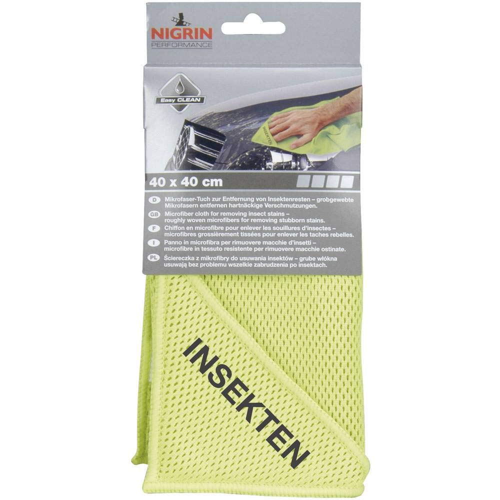 NIGRIN Mikrofaser-Tuch Insekten, löst Insektenreste schonend und effizient, garantiert kratzerfreie Reinigung, mit Insektennetz, Auto Microfasertuch Autopflege, 40x40 cm