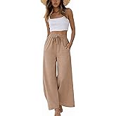Yeokou Women Linen Cotton Wide Leg Pants Drawstring Elastic High Waist Casual Palazzo Trousers with Deep Pockets