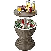 Tangkula Outdoor Cool Bar Table, Rattan Style Patio 8 Gallon Beer and Wine Cooler, All-Weather Ice Bucket w/Height Adjustable Top, Drainage Plug, 3-in-1 Cocktail Coffee Table for Party, Pool (Coffee)