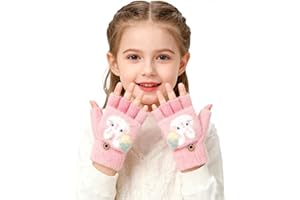 Cute Rabbit Kids Fingerless Gloves Convertible Flip Top Gloves Winter Warm Knit Half Finger Mitten for Girl Boy 5-10 Yrs