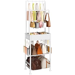 DIMJ Purse Organizer for Closet - Floor-standing Handbag Organizer Rack with 16 Hooks, Purse Storage Shelf Stand for Handbags