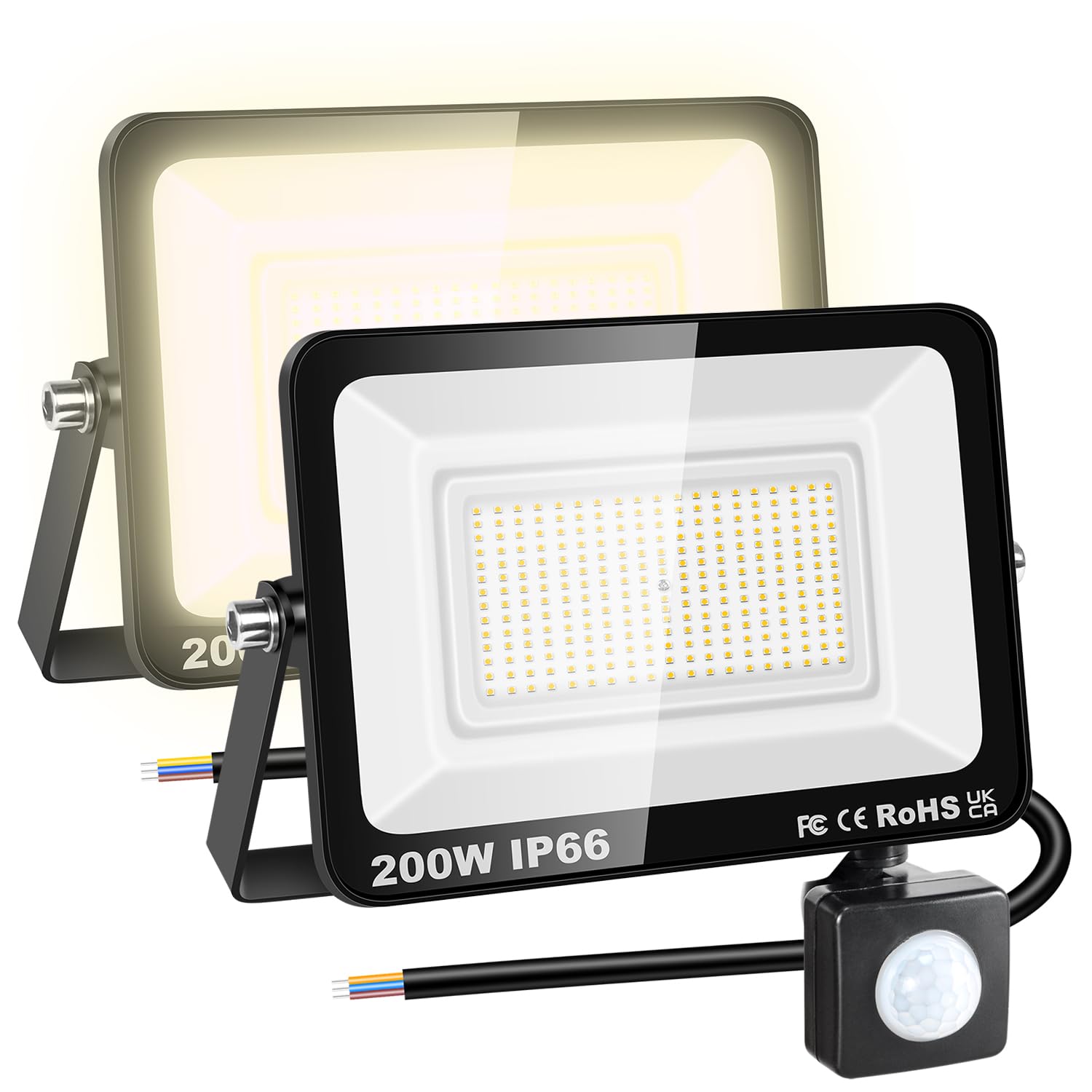 RIGIDON 2 Pcs PIR Motion Sensor Outdoor Floodlight, 200W 20000 Lumens Outside Led Work Light, Daylight Warm White Wall Light for Garden Garage Backyard Patio Lawn House Doorway, IP66 Waterproof 3000K