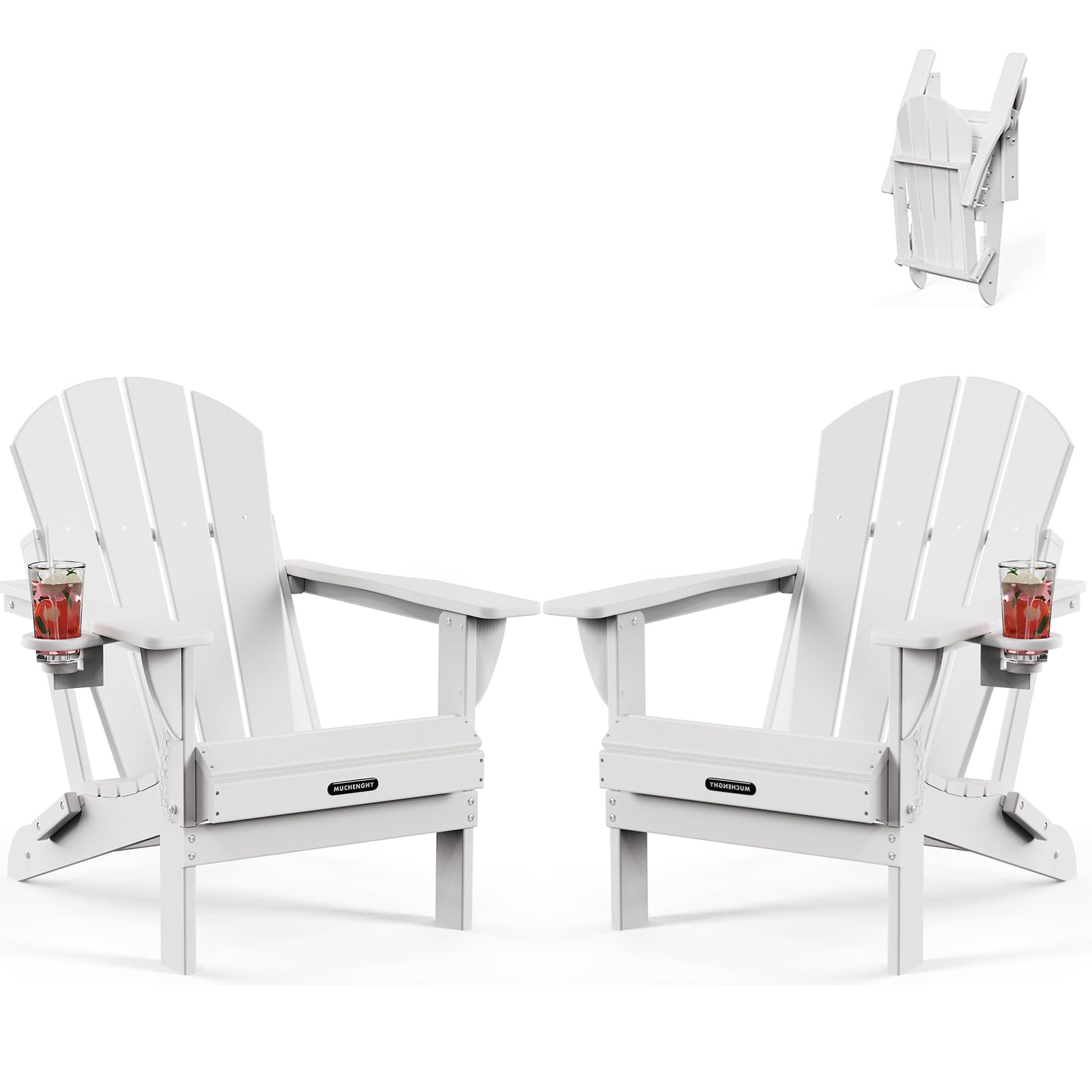MUCHENGHY Folding Adirondack Chairs 2 Pack, Patio & Lawn Chairs, Outdoor & Backyard Chairs, Weather Resistant with Cup Holder, White Image