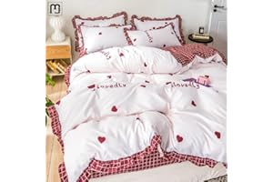 Jolusere White Duvet Cover King Red Ruffle Duvet Cover Set Girls Cute Love Bedding Reversible Red Plaid Comforter Cover Soft Washed Microfiber Ruffled Duvet Covers with Zipper Closure(No Comforter)